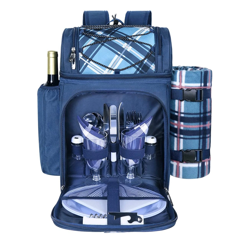 Picnic Backpack Cooler Bag for 2 Person Set with Insulated Compartment Fleece Blanket Cutlery Set