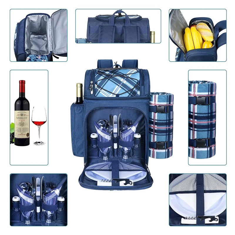 Picnic Backpack Cooler Bag for 2 Person Set with Insulated Compartment Fleece Blanket Cutlery Set