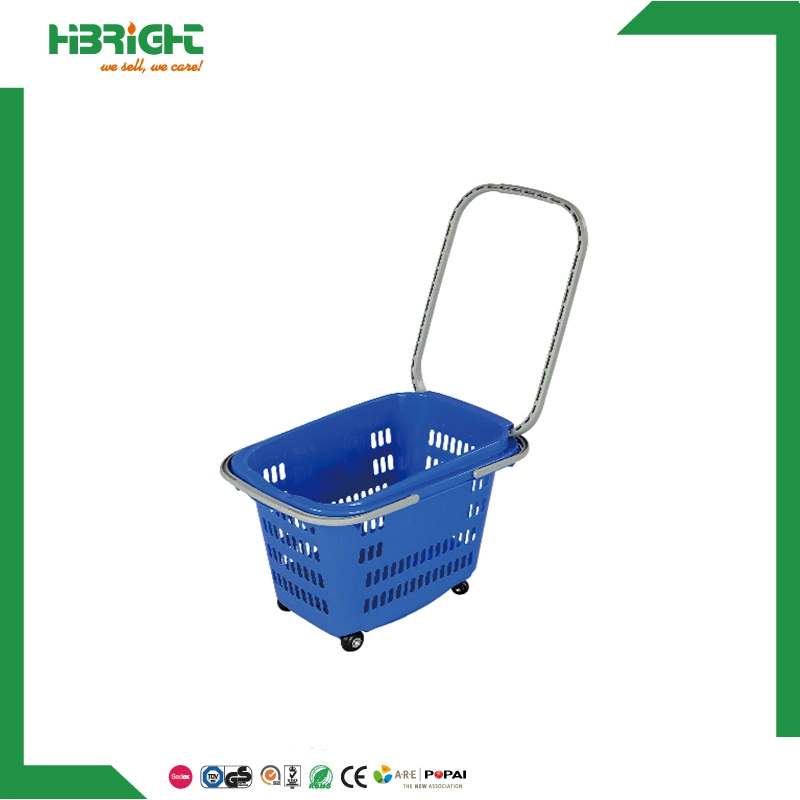 High Quality Supermarket 45L Large 4 Wheels Plastic Hand Rolling Shopping Basket Aluminium Alloy Handle