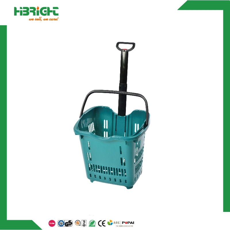 High Quality Supermarket 45L Large 4 Wheels Plastic Hand Rolling Shopping Basket Aluminium Alloy Handle