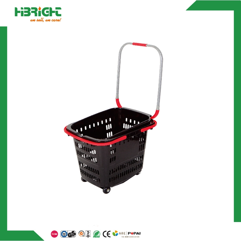 High Quality Supermarket 45L Large 4 Wheels Plastic Hand Rolling Shopping Basket Aluminium Alloy Handle