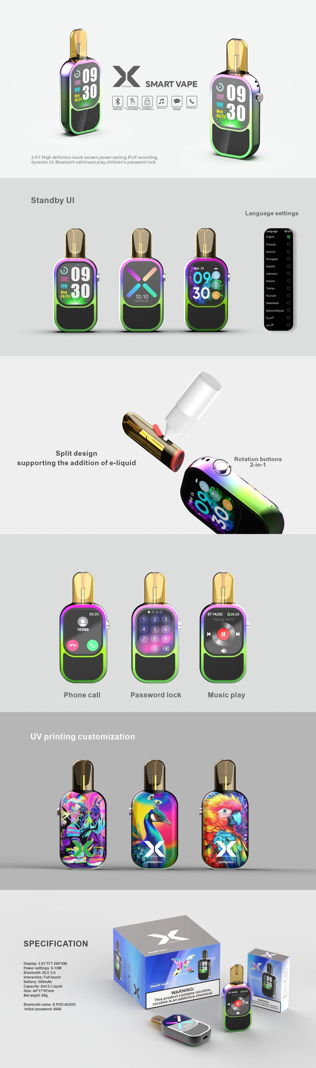 Smart Vape Pod System, Compact 2ml Refillable, 500mAh Battery, Bluetooth, Touchscreen