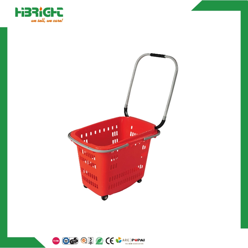 High Quality Supermarket 45L Large 4 Wheels Plastic Hand Rolling Shopping Basket Aluminium Alloy Handle