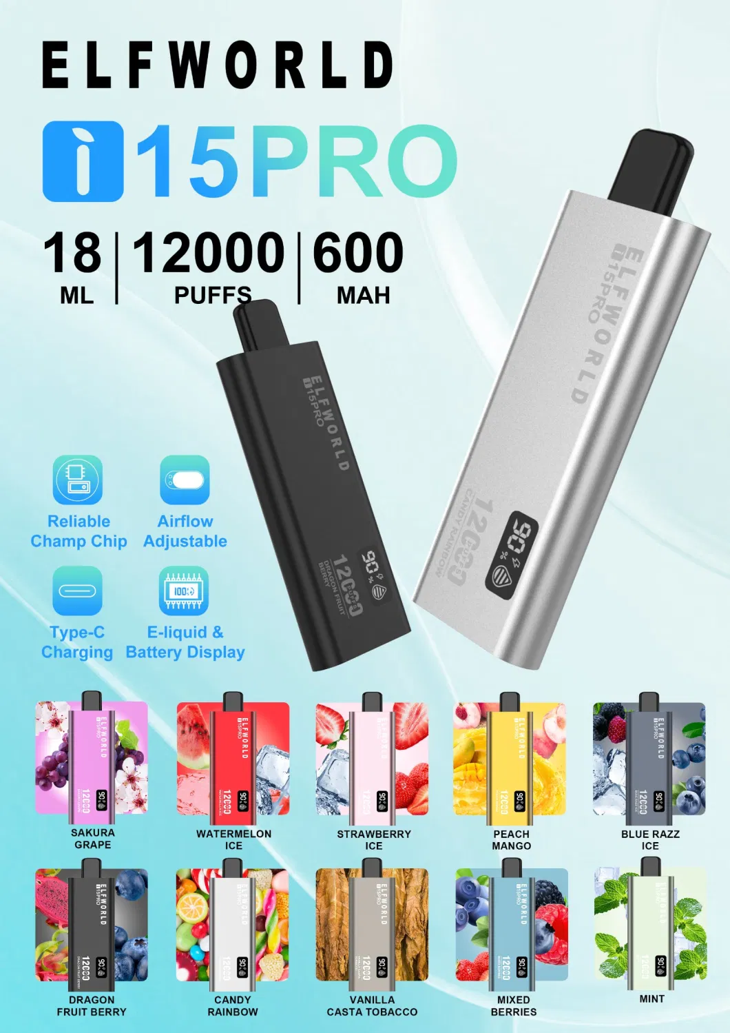 Elfworld I15PRO 12000puffs Smart Long Lasting Disposable Vape Pen Mesh Coil Wholesale Distributor OEM Big Smoke Puffs USA EU Rusia Germany Italy Lost Elf Mary