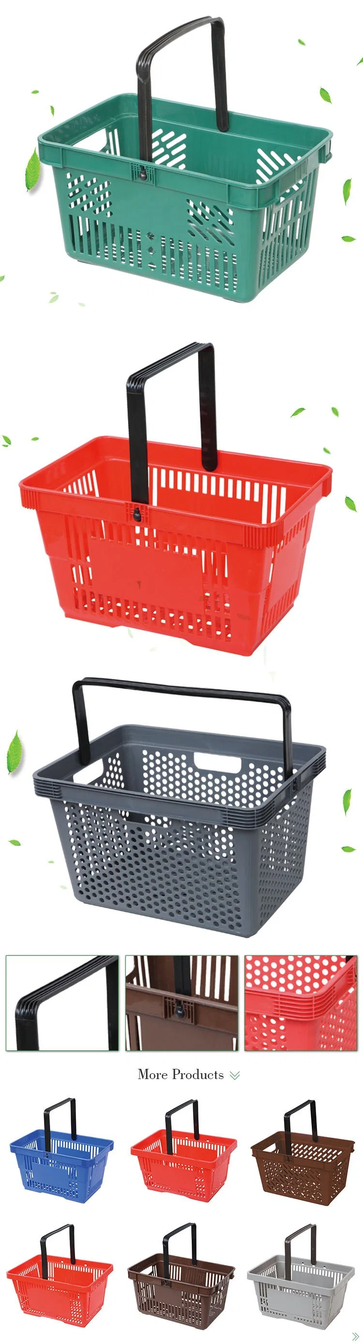 Popular Red Blue Green Grey Pink Yellow 23L Plastic Material Supermarket Shopping Basket Supermarket Plastic Basket Handle