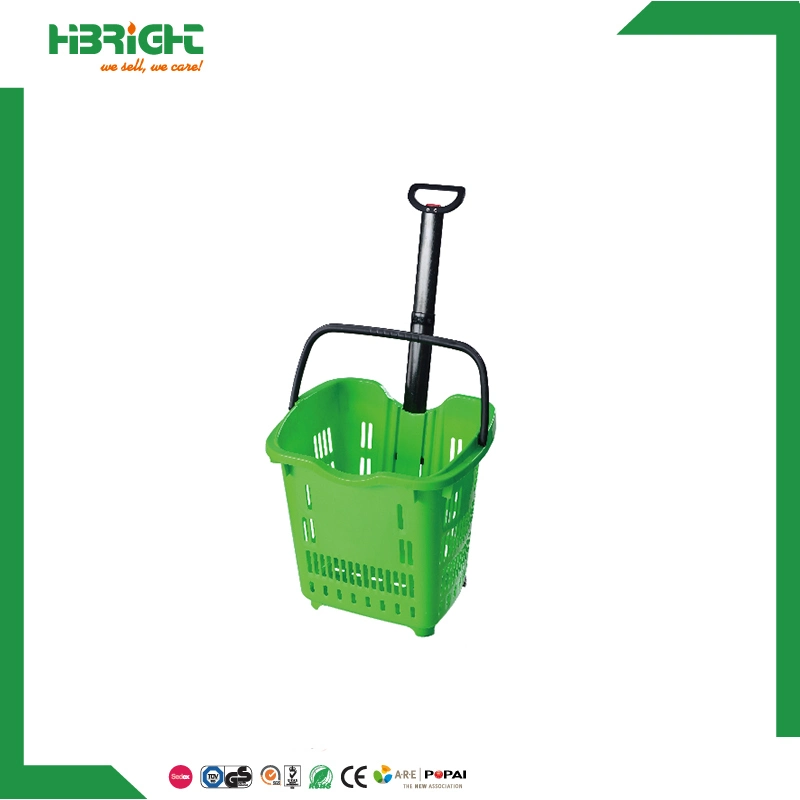 High Quality Supermarket 45L Large 4 Wheels Plastic Hand Rolling Shopping Basket Aluminium Alloy Handle