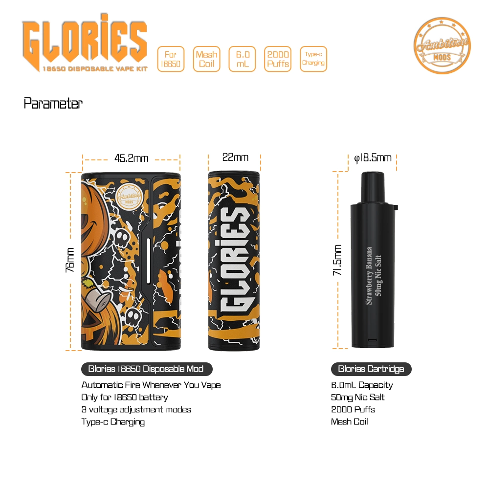 2022 Best Ambition Mods Glories 18650 Disposable Vape Tank