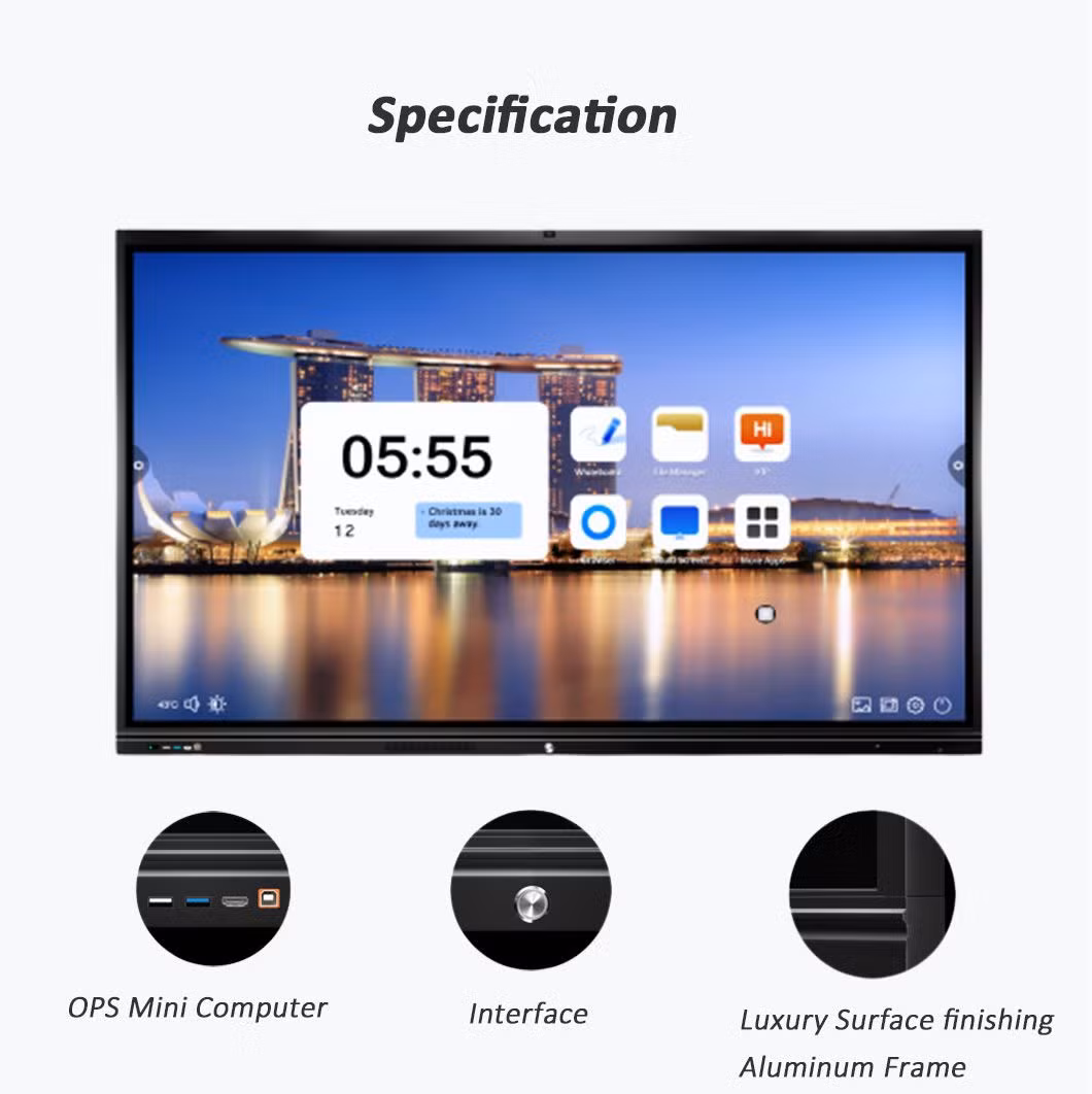 86 Inch 4 mm Tempered Glass Android 13.0 Finger Touch Screen Smart Board Interactive Display Flat Panel with Camera Microphone for Video Conference & Education