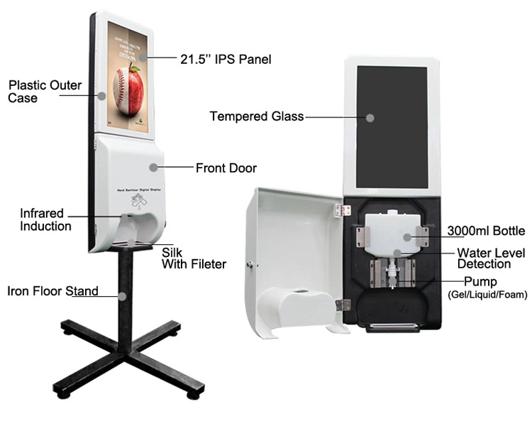 21.5 Inch Digital Signage Kiosks with Automatic Hand Sanitizer Dispenser Facial Recognition Thermometer