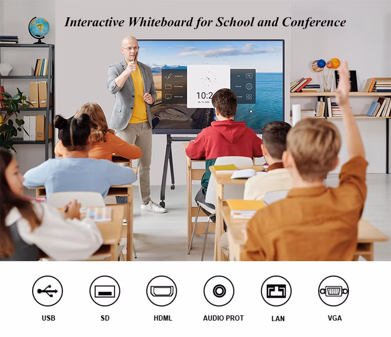 55 Inch Anti-Glare 20 Points Touch Screen LCD Interactive Smart Whiteboard Interactive Flat Panel with Mobile Stand for Education