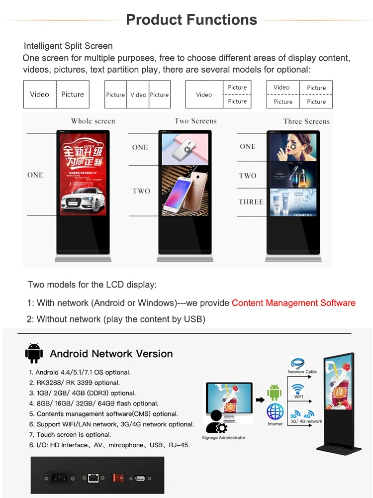 Screen Floor Standing Kiosk Commercial IR Indoor Digital Signage and Display Advertising LCD Touch Screen Outdoor 49 55 65 Inch