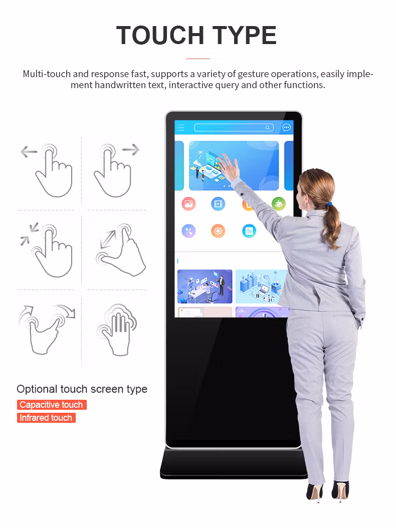 Customized 43 Inch Free Standing Advertisement Playing Equipment Touch Screen Shopping Mall Advertising Kiosks