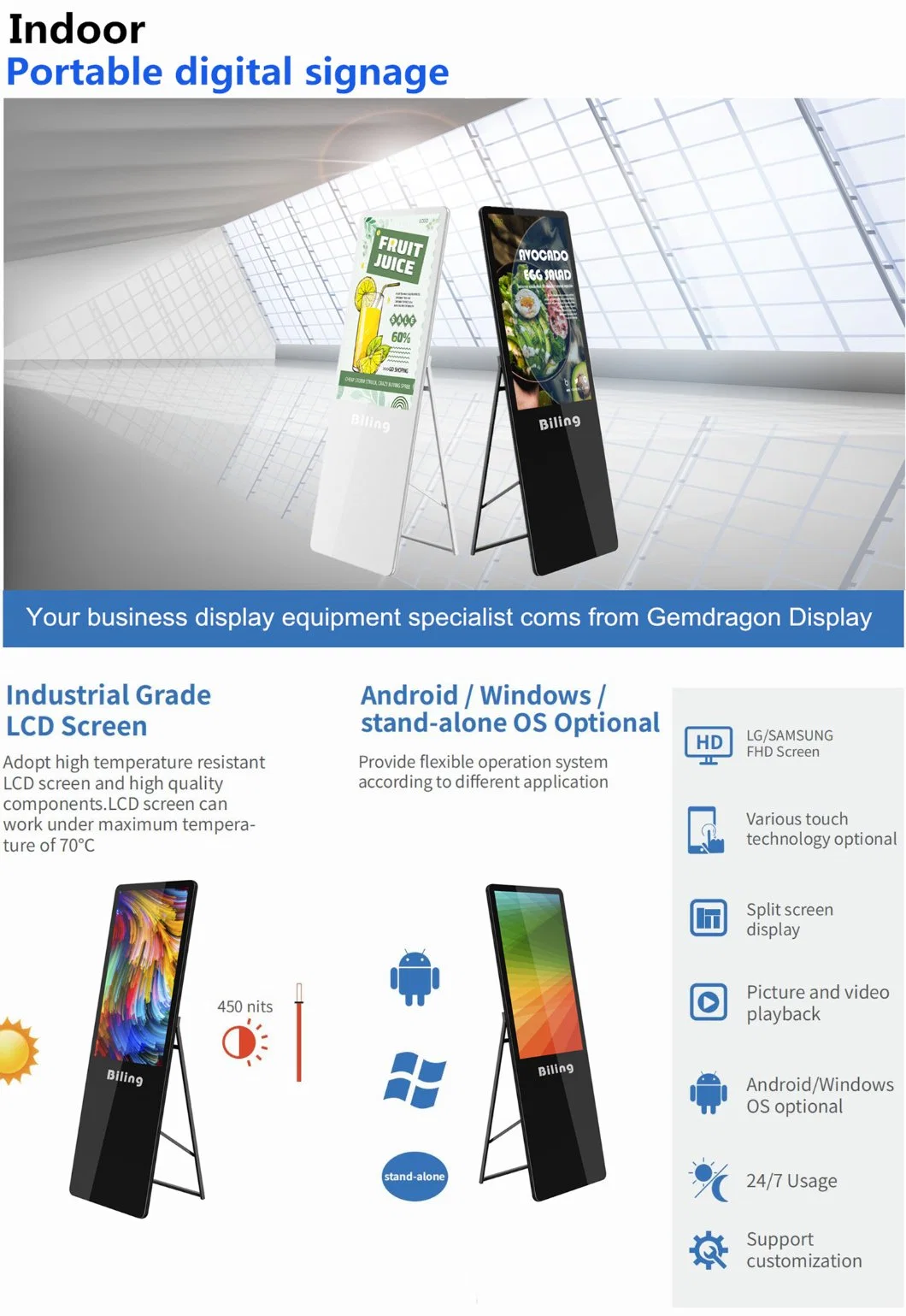 Indoor Stand Portable Digital Poster LED Thin Screen Panel Retail Poster Digital Signage and Displays Totem LCD Display Touch Screen Interactive Hospital Kiosk