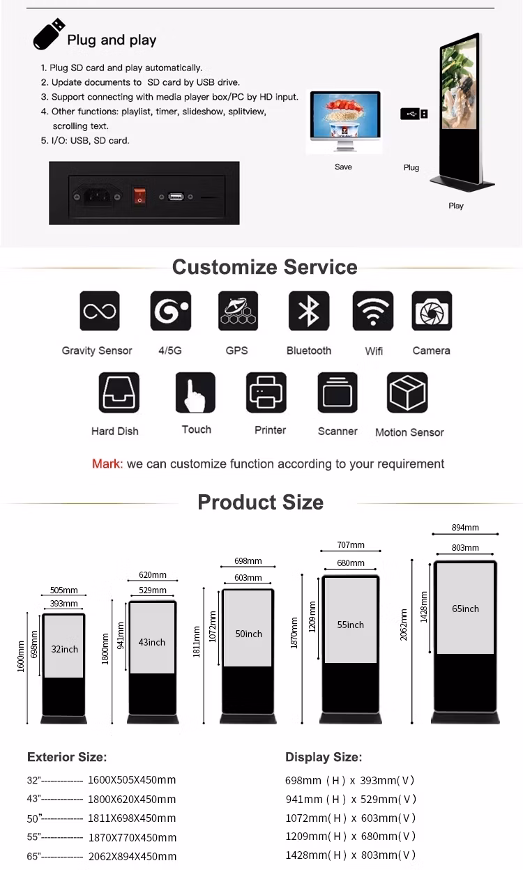 Floor Stand 55 Inch Indoor Interactive Touch LCD Advertising Media Player Digital Signage Screen Kiosk