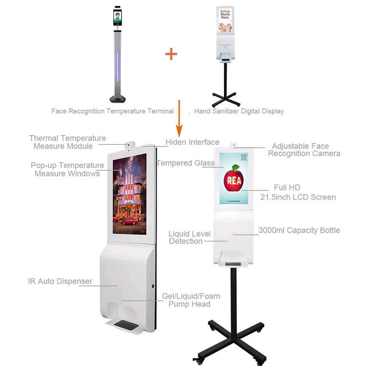 21.5 Inch Digital Signage Kiosks with Automatic Hand Sanitizer Dispenser Facial Recognition Thermometer