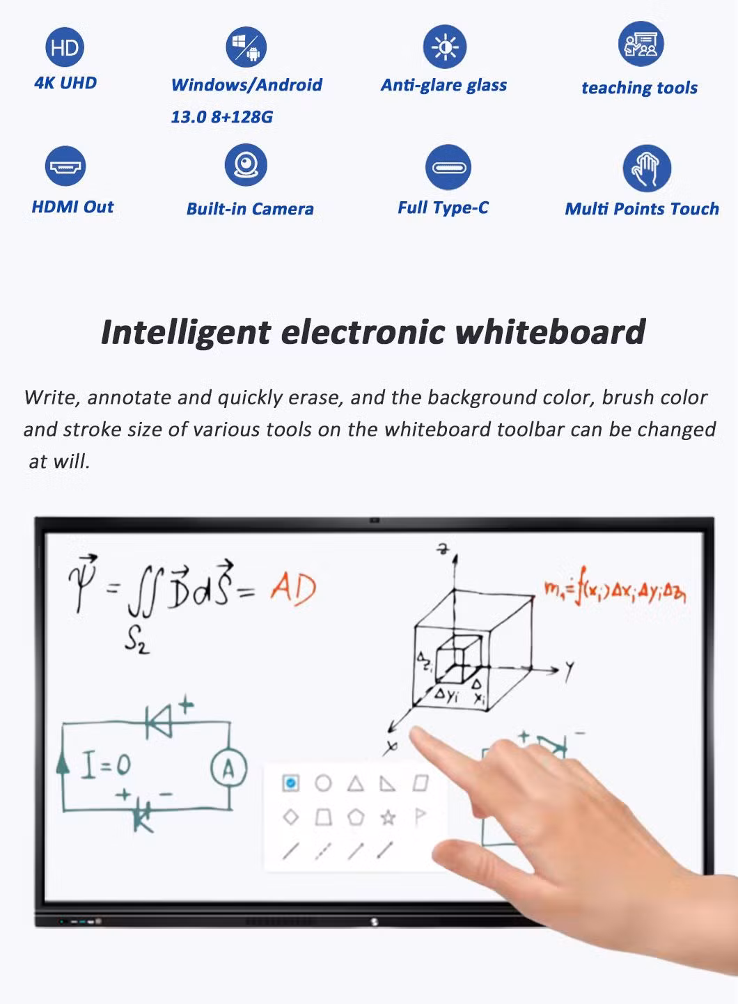 86 Inch 4 mm Tempered Glass Android 13.0 Finger Touch Screen Smart Board Interactive Display Flat Panel with Camera Microphone for Video Conference & Education