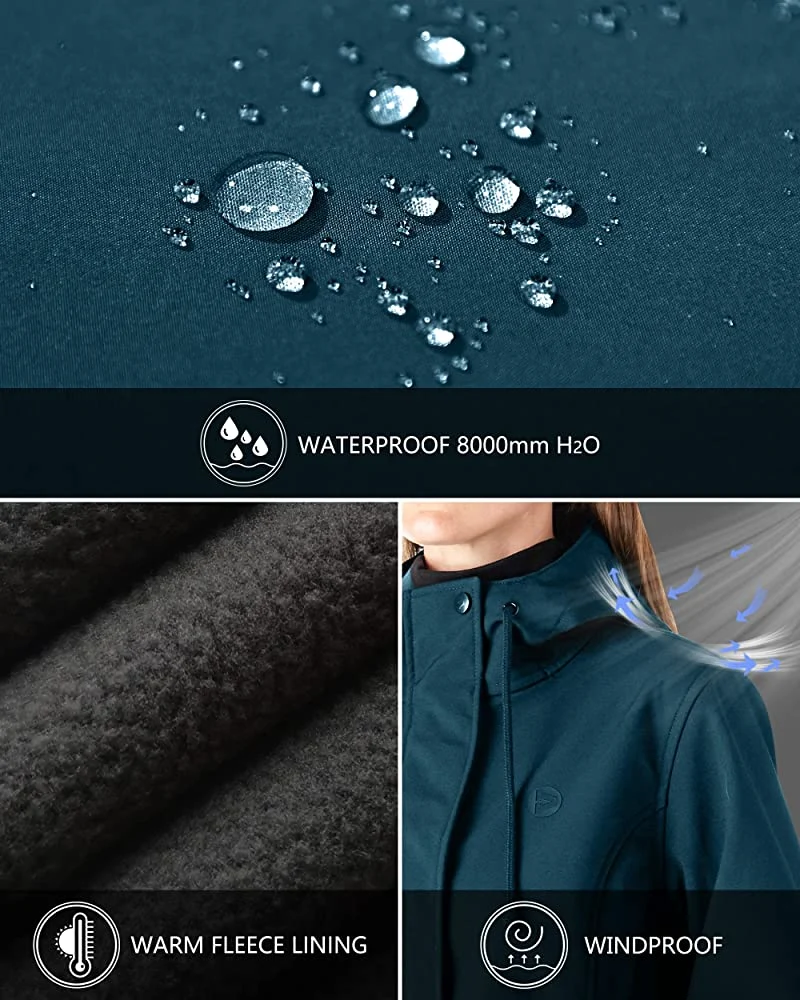 Women′s Lightweight Waterproof Fleece Lined Hooded Softshell Rain Jacket Warm Windbreaker Long Coat