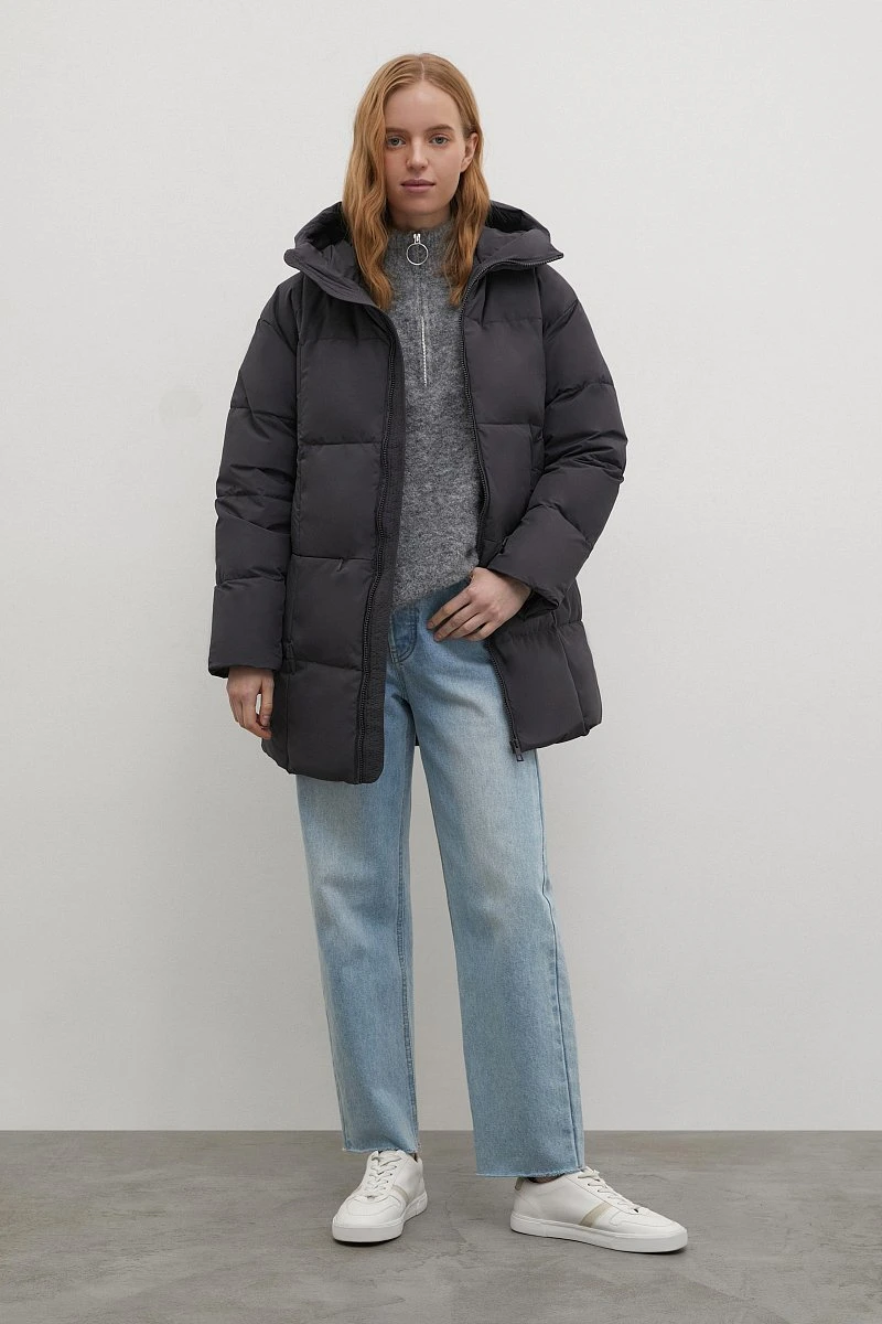 Dark Grey Casual Winter Water-Proof Women Puffer Down Jacket with Loose Hood