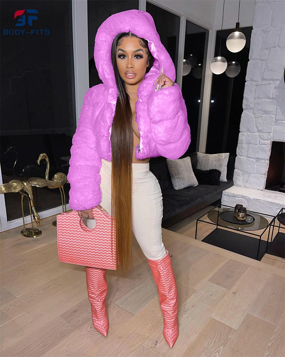 Winter Thicken Women Short Hooded Fox Faux Fur Jacket Coat