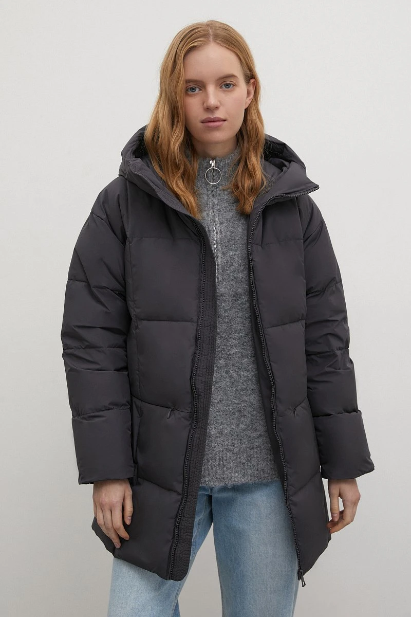 Dark Grey Casual Winter Water-Proof Women Puffer Down Jacket with Loose Hood
