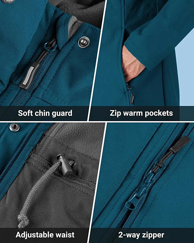 Women′s Lightweight Waterproof Fleece Lined Hooded Softshell Rain Jacket Warm Windbreaker Long Coat