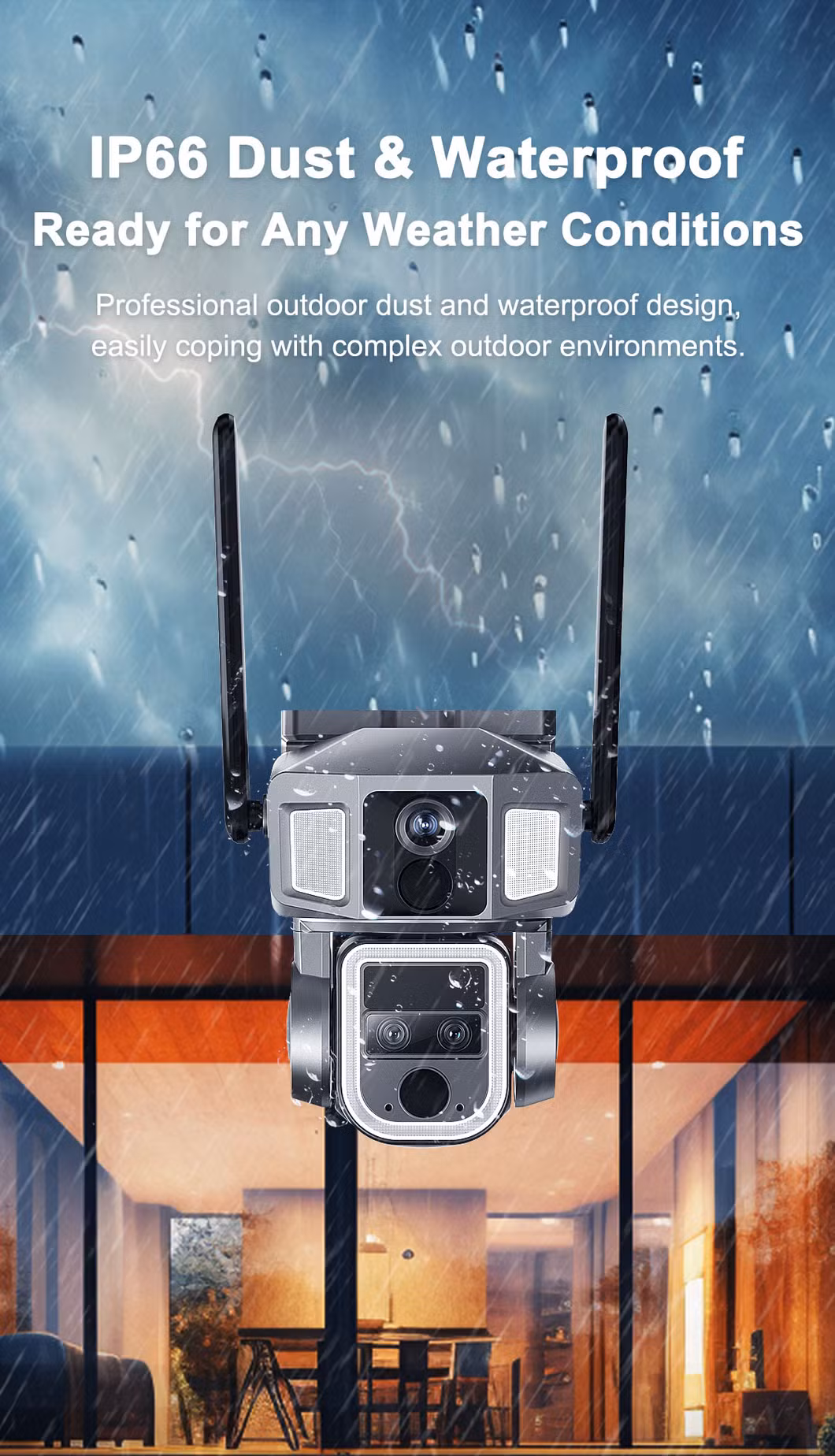 4G 3 Lens 10X Zoom Dual Network in One Adapt to Multiple Scenarios Solar Camera Bullet and PTZ Smart Linkage 4G Cat1 and WiFi 6 Auto Focus Tracking Camera