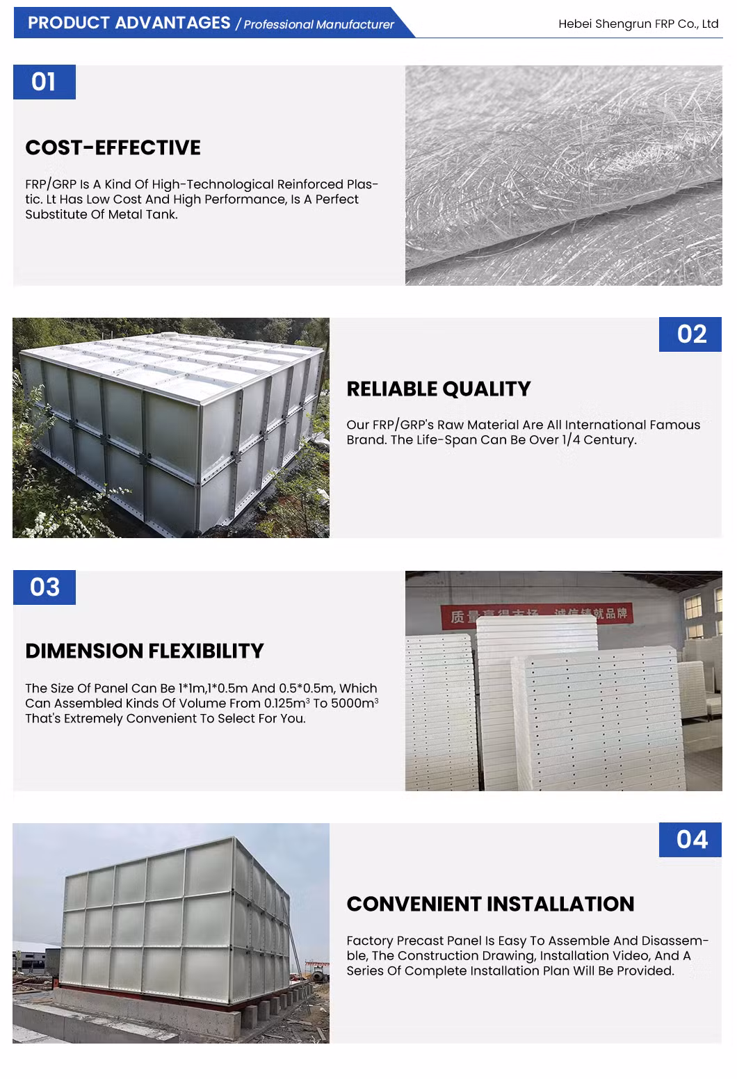 6# 8# 10# Panels SMC Panel Tanks China Manufacturer FRP Fiber Reinforced Plastic FRP Water Tank Installation System Used for Agricultural Irrigation Store Water