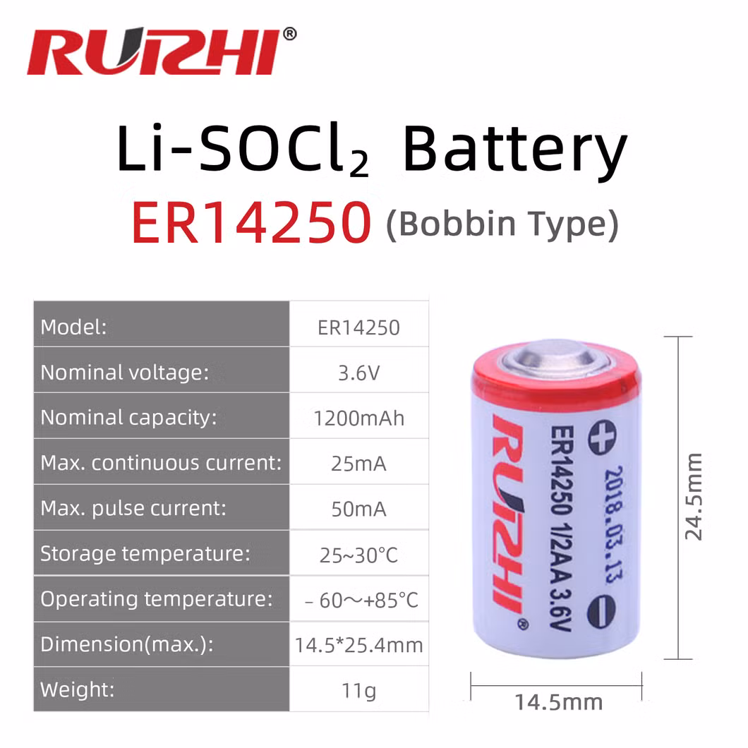 Professional Custom High Capacity 1/2AA 3.6V 1200mAh Er14250 Li-Socl2 Prices of Lithium Batteries