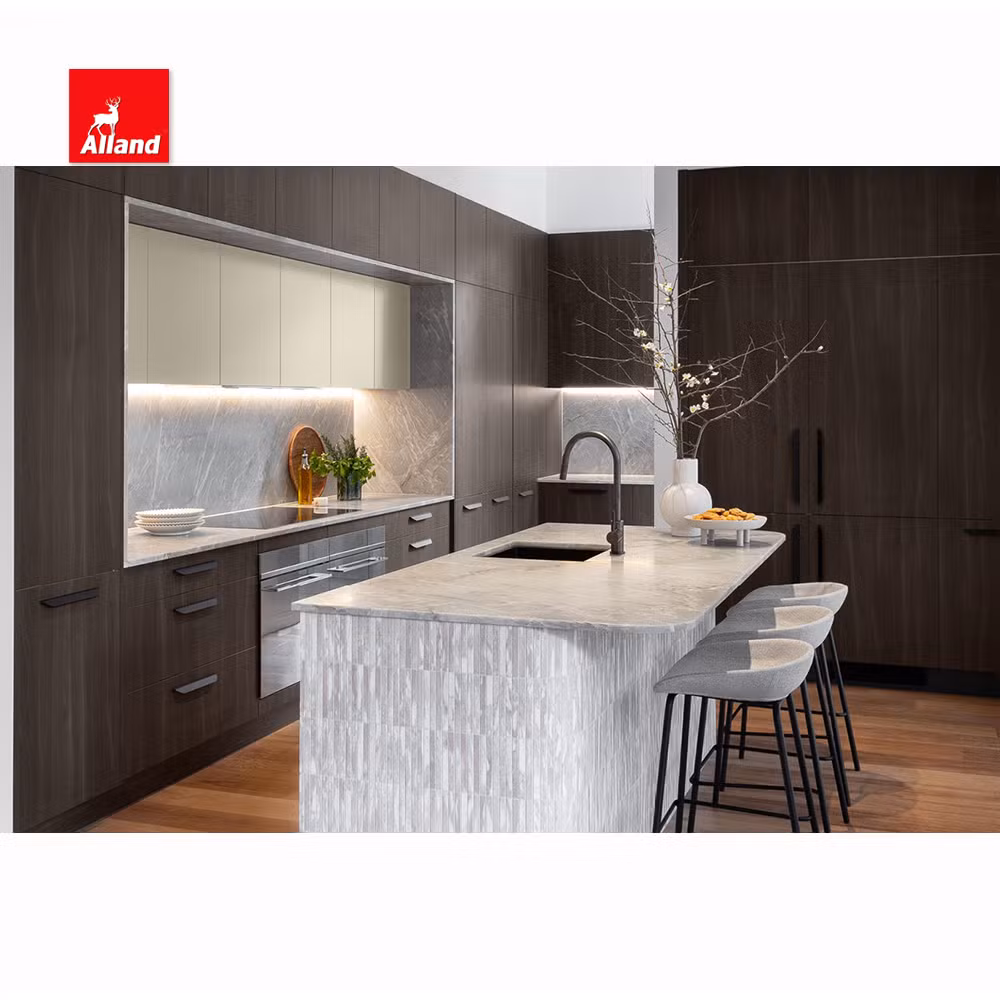 Allandcabinet Modern Design Dark Black Wood Grain Slab Panel Melamine Door Kitchen Cabinets Model with Hardware for Custom Homes