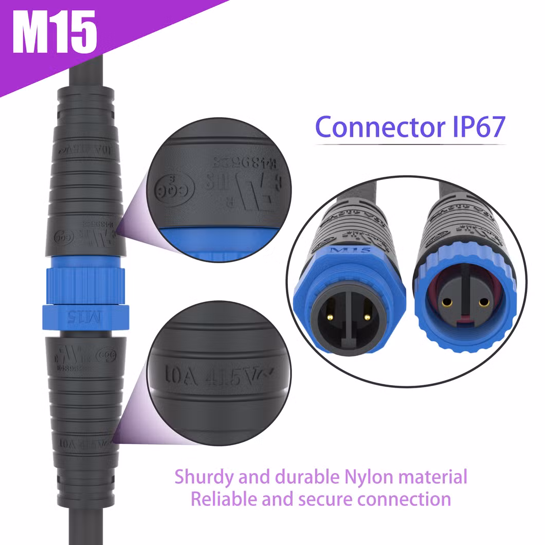 Approved UL Certificate IP67 3pin Nylon Injection Molded Waterproof Connector M15 Pre-Wire Male &Female Socket/Plug 300V 8A Current AC Power Connector