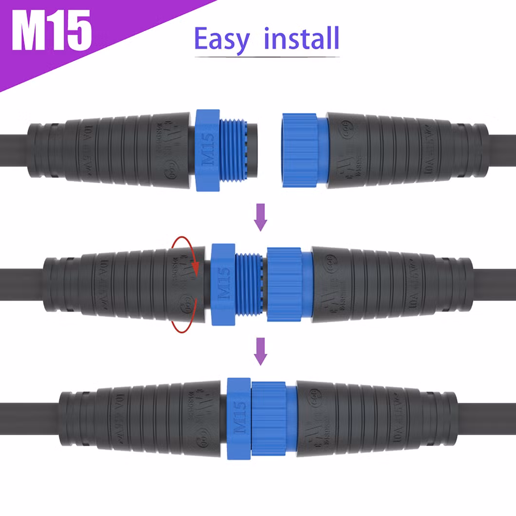 Approved UL Certificate IP67 3pin Nylon Injection Molded Waterproof Connector M15 Pre-Wire Male &Female Socket/Plug 300V 8A Current AC Power Connector