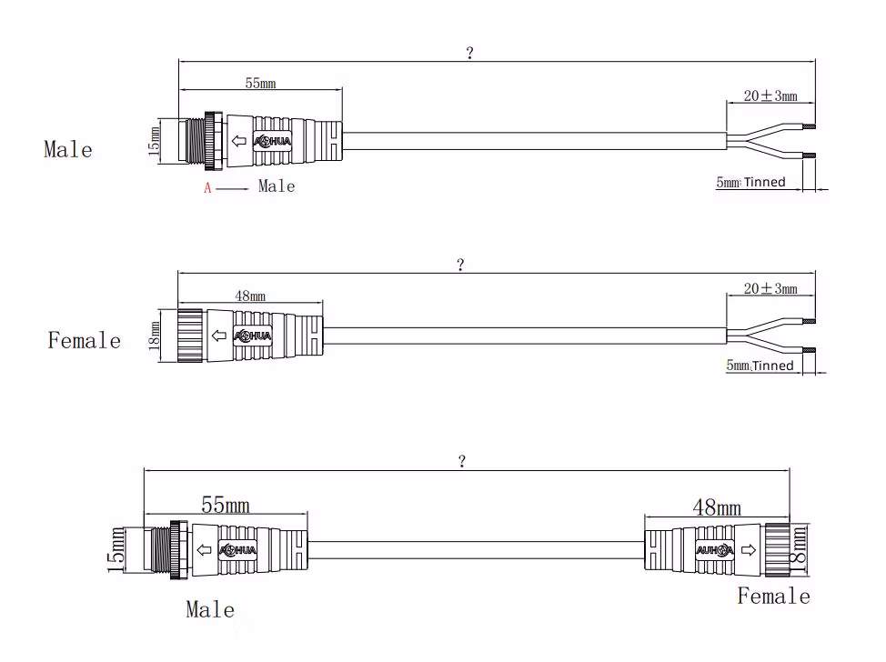Approved UL Certificate IP67 3pin Nylon Injection Molded Waterproof Connector M15 Pre-Wire Male &Female Socket/Plug 300V 8A Current AC Power Connector
