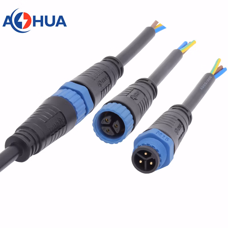 Approved UL Certificate IP67 3pin Nylon Injection Molded Waterproof Connector M15 Pre-Wire Male &Female Socket/Plug 300V 8A Current AC Power Connector