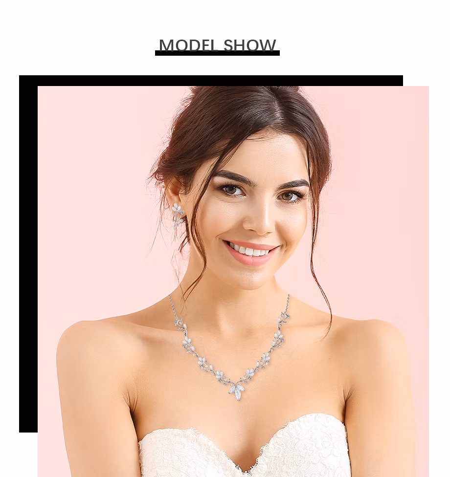 Jade Angel Flowering Vine Design White Gold Plated Brass Jewelry Set Luxury Marquise Cut Cubic Zirconia Prom Earrings Necklace Jewelry Set for Women Wedding