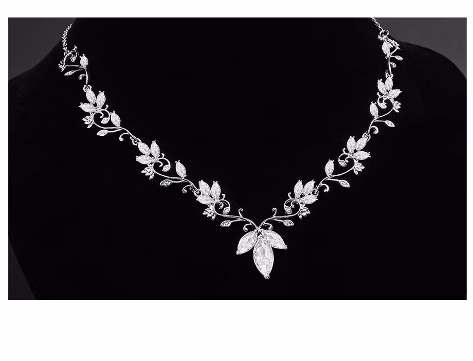 Jade Angel Flowering Vine Design White Gold Plated Brass Jewelry Set Luxury Marquise Cut Cubic Zirconia Prom Earrings Necklace Jewelry Set for Women Wedding