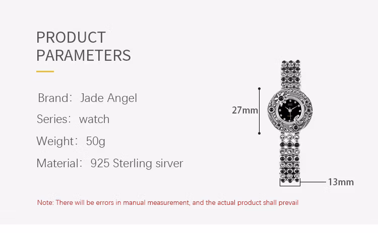 Jade Angel Women′s 925 Sterling Silver Watch Vintage Black Onyx Marcasite Watches Quartz Wrist Watch
