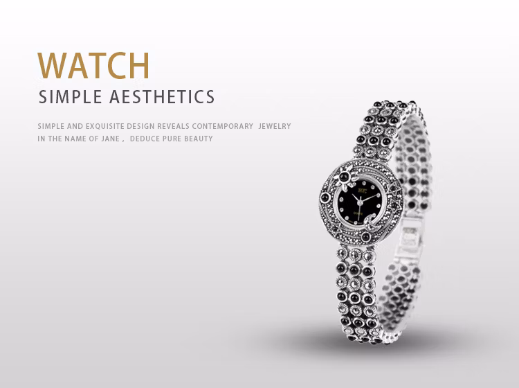 Jade Angel Women′s 925 Sterling Silver Watch Vintage Black Onyx Marcasite Watches Quartz Wrist Watch