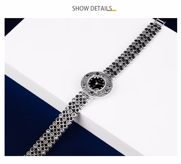 Jade Angel Women′s 925 Sterling Silver Watch Vintage Black Onyx Marcasite Watches Quartz Wrist Watch