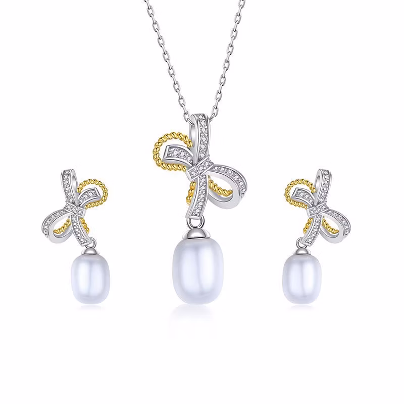 Cubic Zirconia Separation Bow Freshwater Pearl Beads 925 Sterling Silver Jewelry Set