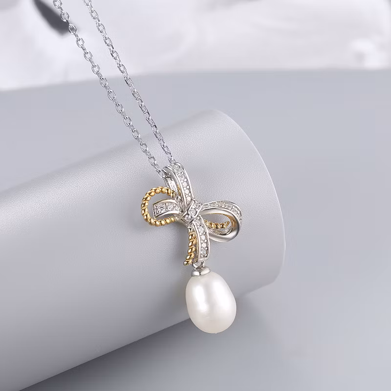 Cubic Zirconia Separation Bow Freshwater Pearl Beads 925 Sterling Silver Jewelry Set