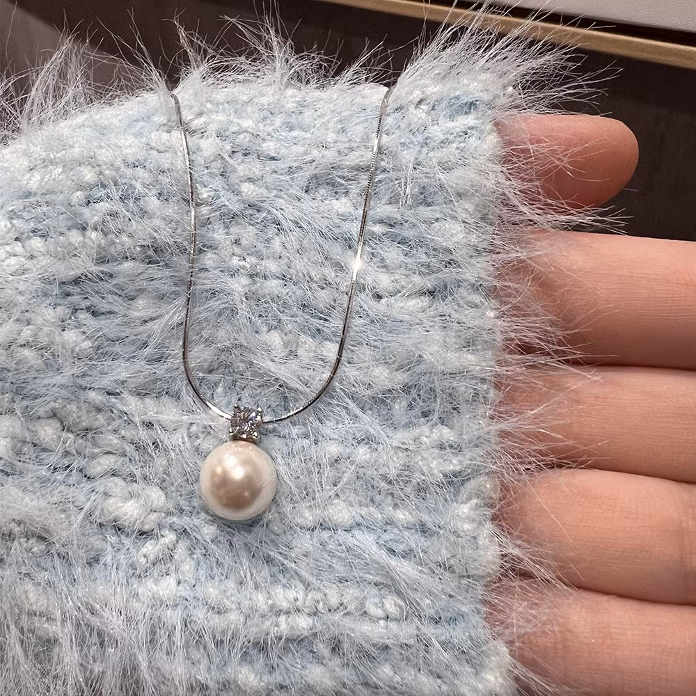 925 Sterling Silver Single Pearl Necklace with Zirconium Pearl Pendant