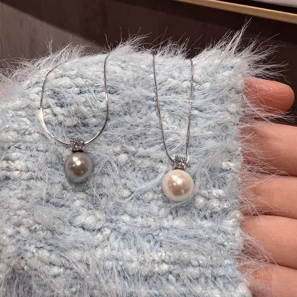 925 Sterling Silver Single Pearl Necklace with Zirconium Pearl Pendant