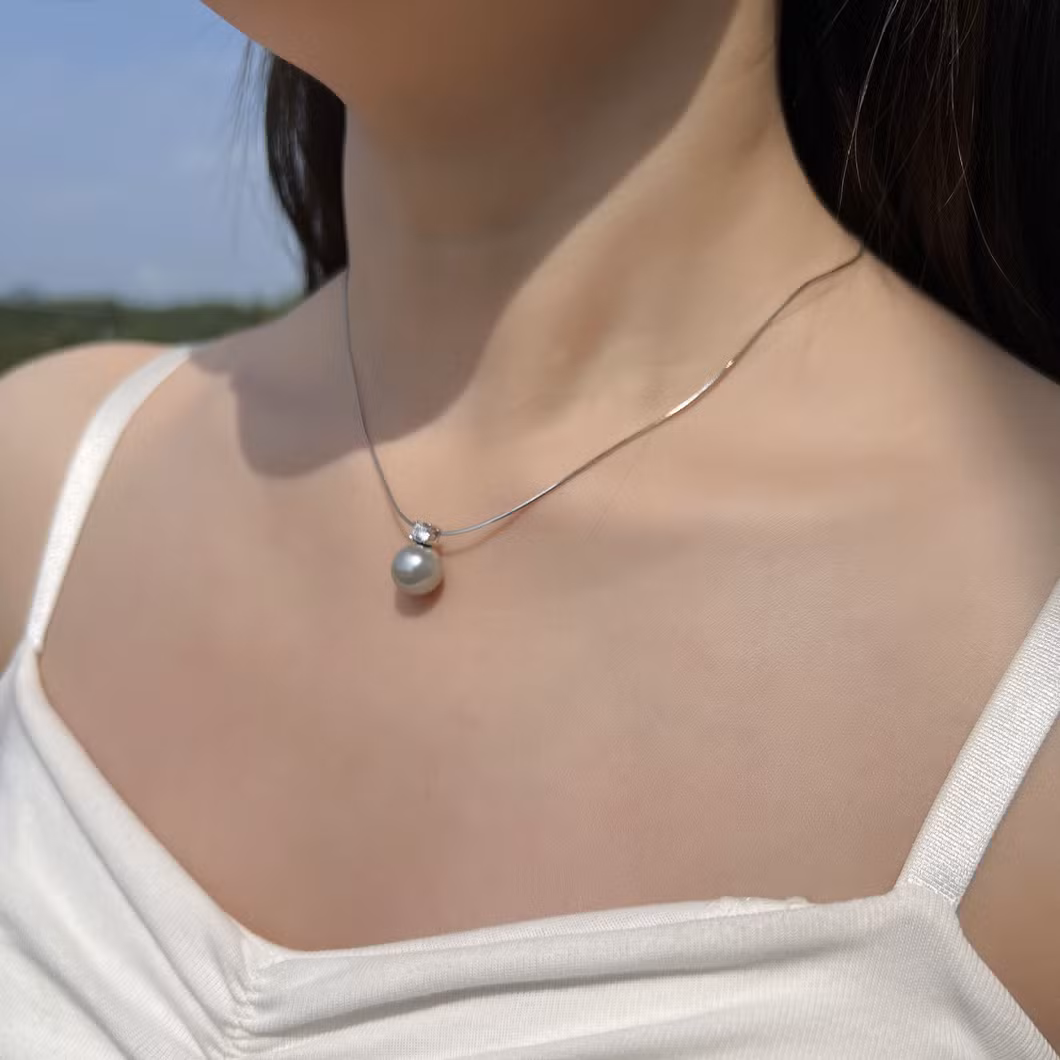 925 Sterling Silver Single Pearl Necklace with Zirconium Pearl Pendant