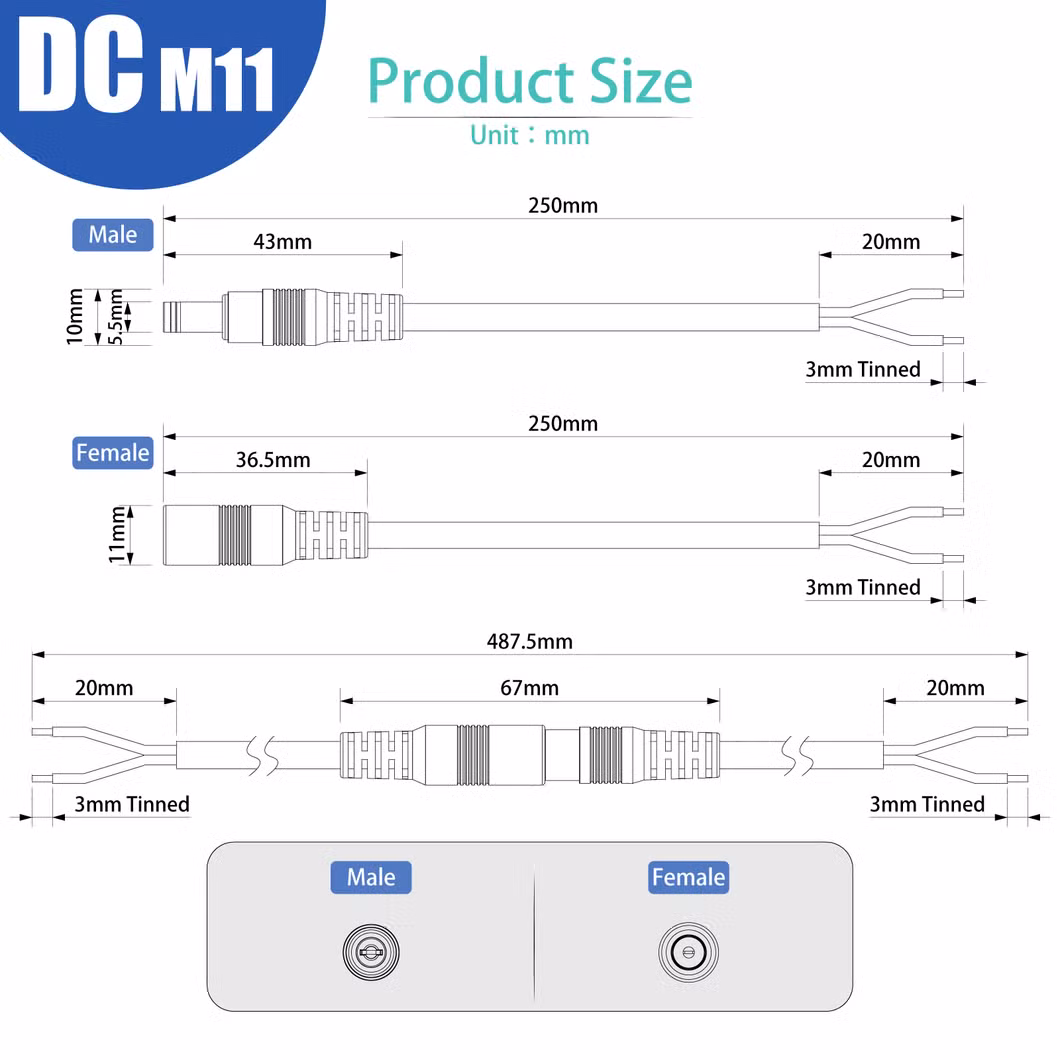 Aohua Factory Sales a Code Connector Battery Cable Connector M11 Male Female DC Power Cable Jack 2pin DC 5.5*2.1/2.5mm Elbow /Right Angle Connector