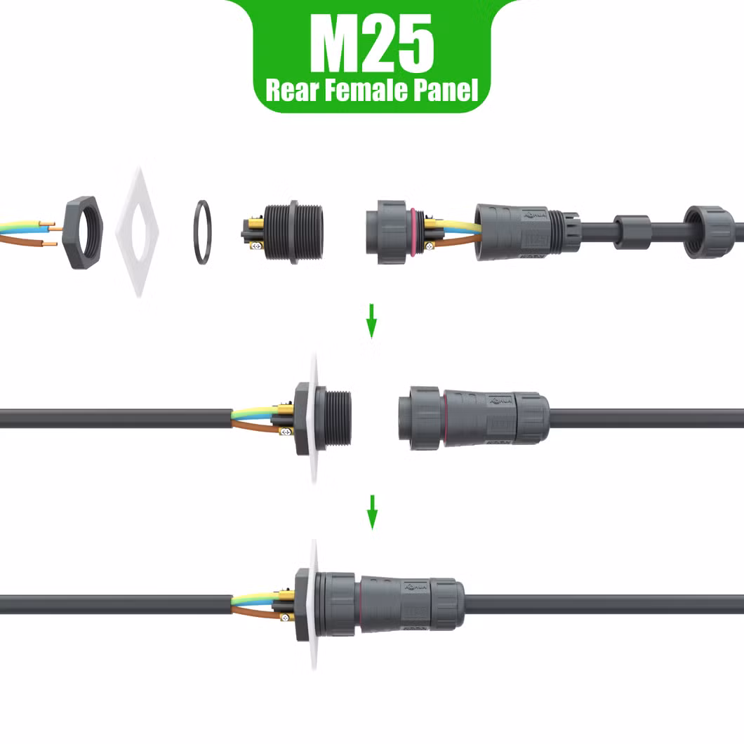 IP67 Screw Lock Wire Panel Mount Connector M25 Assembled Female Socket with 2 3 4 5 Pin for Breeding Livestock Electronic Equipment Junction Box
