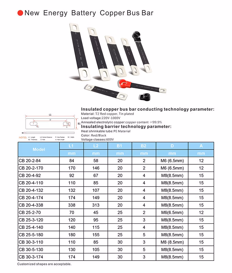 Car Auto Battery Pack Cable Flexible Terminal Bus Bar C11000 Electrical Wire Insulated Copper Flex Busbar Connector for Electric Automotive Solar Energy Storage