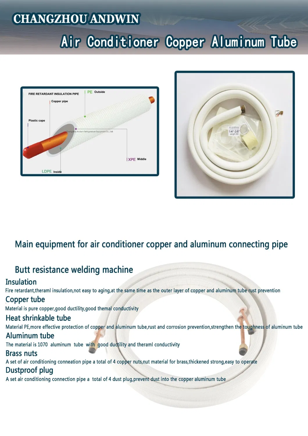 Air Conditioning Inside and Outside Connecting Pipe Copper and Aluminum Tubes