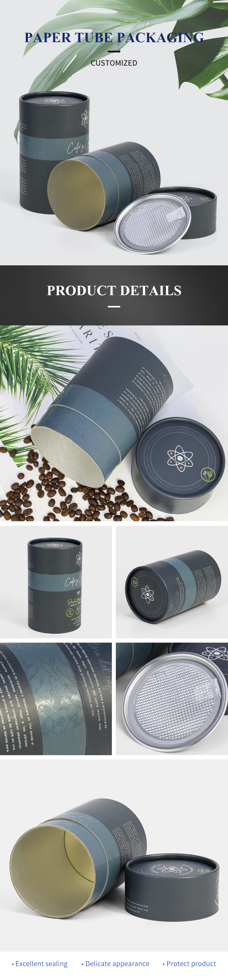 Firstsail Top Quality Sealed Easy Tear off Lid Food Grade Round Packaging Box Aluminum Foil Liner Tea Coffee Paper Tube