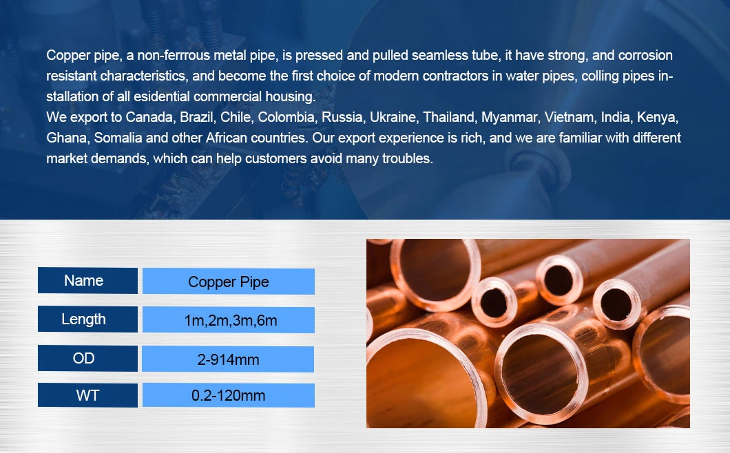 Manufacture ASTM, AISI, Round Square Oxygen-Free Copper (TU1, TU2) Wire Brass Copper Pipe Tube Price for Building