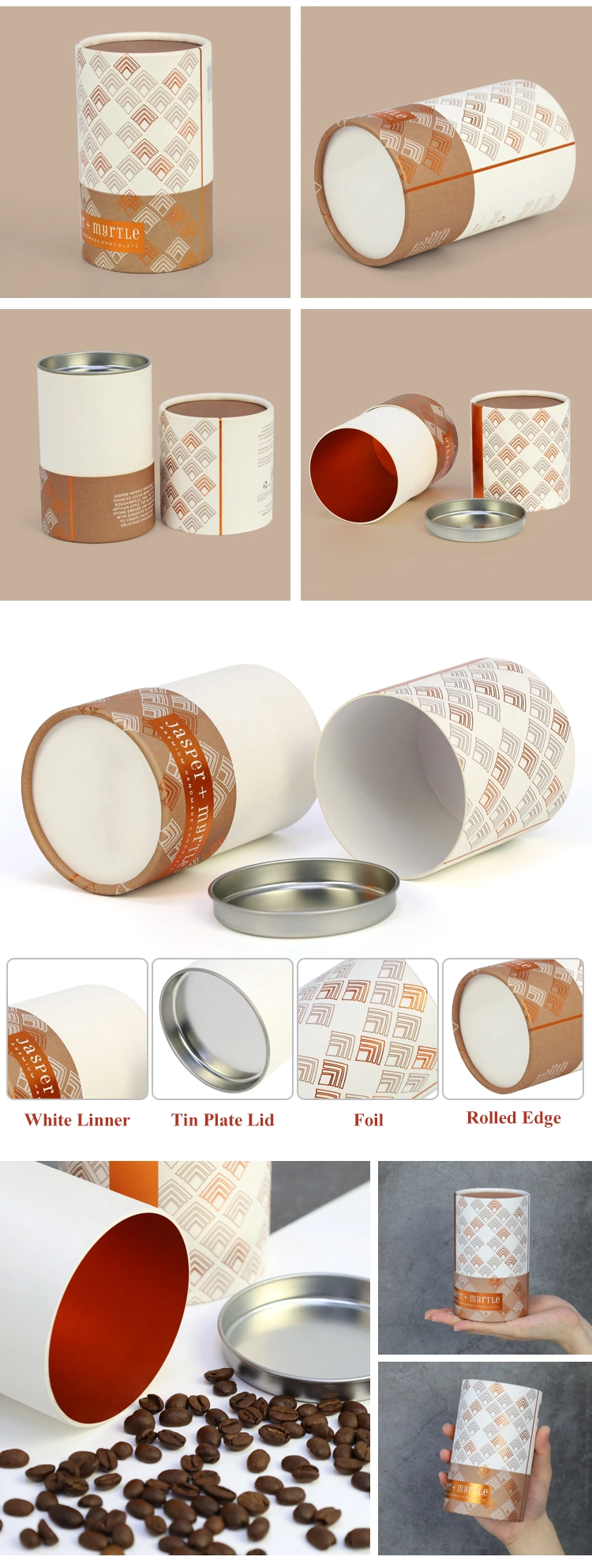 Firstsail Top Quality Sealed Easy Tear off Lid Food Grade Round Packaging Box Aluminum Foil Liner Tea Coffee Paper Tube